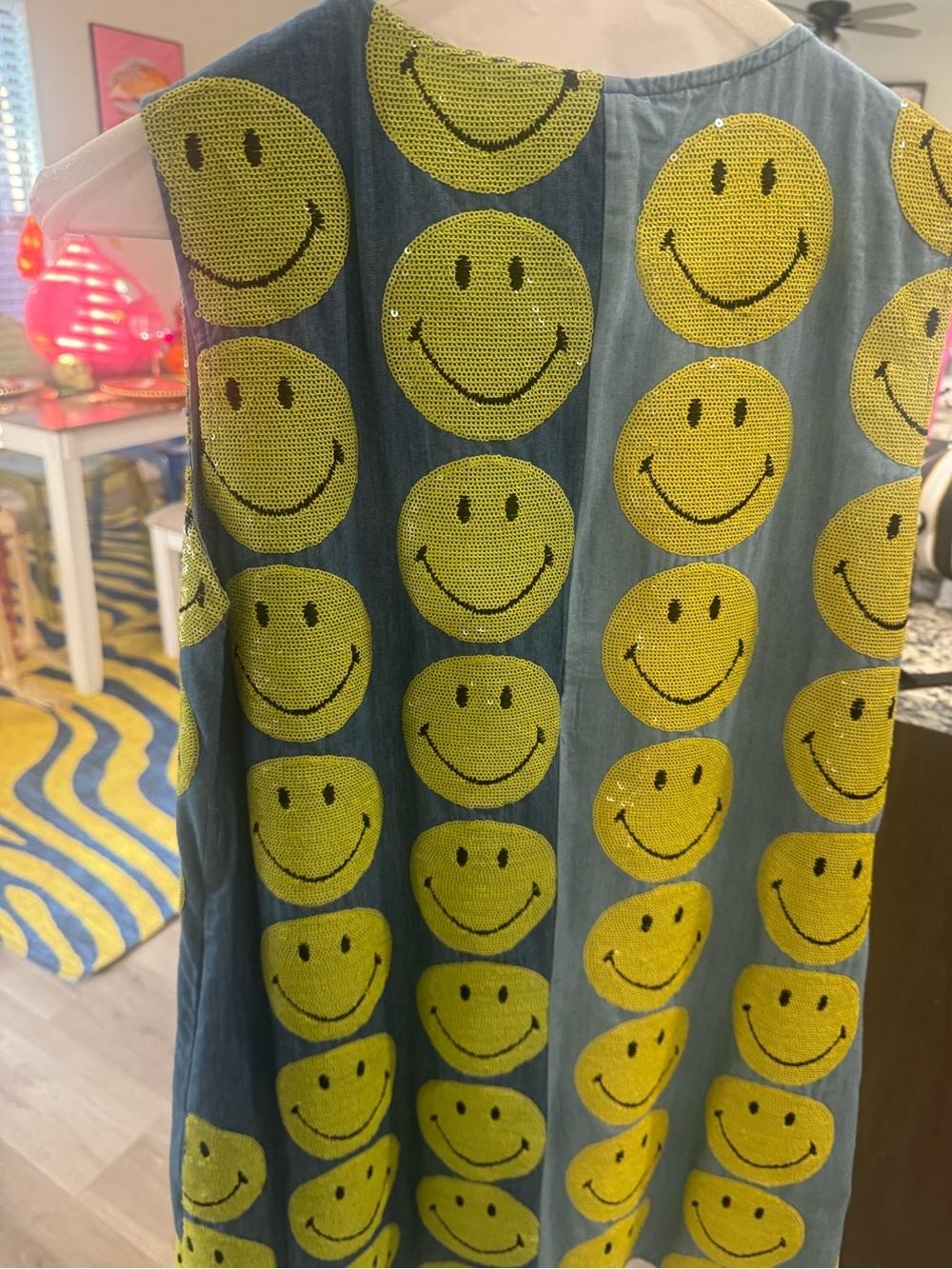 QUEEN OF SPARKLES Blue Denim Mini Dress with Yellow Smiley Sequins - Picture 4 of 4